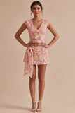 Pink Appliqued A Line Floral 2 Piece Short Cocktail Party Dress