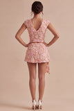 Pink Appliqued A Line Floral 2 Piece Short Cocktail Party Dress