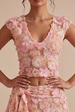 Pink Appliqued A Line Floral 2 Piece Short Cocktail Party Dress