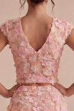 Pink Appliqued A Line Floral 2 Piece Short Cocktail Party Dress