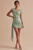 Light Green Sequined Cowl Neck Bodycon Short Cocktail Dress