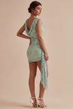 Light Green Sequined Cowl Neck Bodycon Short Cocktail Dress