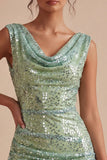 Light Green Sequined Cowl Neck Bodycon Short Cocktail Dress
