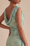Light Green Sequined Cowl Neck Bodycon Short Cocktail Dress