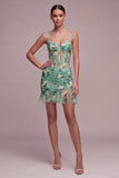 Floral Corset Light Green Thick Straps Short Cocktail Dress with Slit