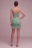 Floral Corset Light Green Thick Straps Short Cocktail Dress with Slit