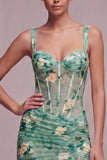 Floral Corset Light Green Thick Straps Short Cocktail Dress with Slit
