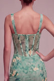 Floral Corset Light Green Thick Straps Short Cocktail Dress with Slit