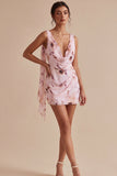 Pink Floral A Line V Neck Ruched Short Cocktail Dress with Drape