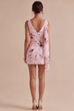 Pink Floral A Line V Neck Ruched Short Cocktail Dress with Drape