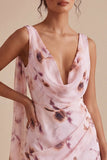 Pink Floral A Line V Neck Ruched Short Cocktail Dress with Drape