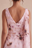 Pink Floral A Line V Neck Ruched Short Cocktail Dress with Drape