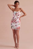 Pink Floral Ruched Strapless Short Cocktail Dress with Slit