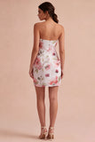 Pink Floral Ruched Strapless Short Cocktail Dress with Slit