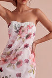 Pink Floral Ruched Strapless Short Cocktail Dress with Slit