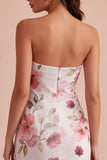 Pink Floral Ruched Strapless Short Cocktail Dress with Slit