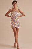 Spaghetti Straps Pink Sparkly Sequined Short Cocktail Dress