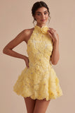 Daffodil Floral Appliqued A Line Short Cocktail Dress
