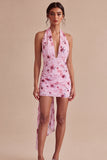 Bodycon Pink Floral Halter Neck Short Cocktail Dress with Bow