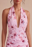 Bodycon Pink Floral Halter Neck Short Cocktail Dress with Bow