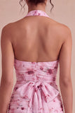 Bodycon Pink Floral Halter Neck Short Cocktail Dress with Bow