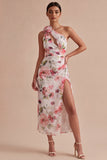 One Shoulder Pink Floral Ruched Sheath Midi Cocktail Dress with Slit