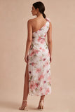 One Shoulder Pink Floral Ruched Sheath Midi Cocktail Dress with Slit