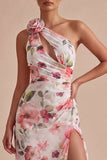 One Shoulder Pink Floral Ruched Sheath Midi Cocktail Dress with Slit