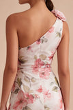 One Shoulder Pink Floral Ruched Sheath Midi Cocktail Dress with Slit