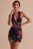 Bodycon Floral Black Corset Halter Neck Short Cocktail Dress
