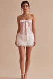 Tiered Bodycon Sequined White and Pink Short Cocktail Dress