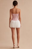 Tiered Bodycon Sequined White and Pink Short Cocktail Dress