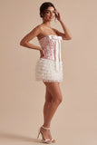 Tiered Bodycon Sequined White and Pink Short Cocktail Dress