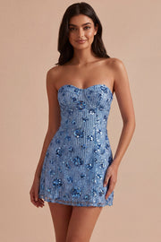 Sequined Sky Blue Sparkly Bodycon Sweetheart Short Cocktail Dress