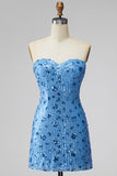 Sequined Sky Blue Sparkly Bodycon Sweetheart Short Cocktail Dress
