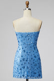 Sequined Sky Blue Sparkly Bodycon Sweetheart Short Cocktail Dress