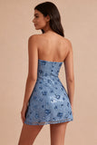Sequined Sky Blue Sparkly Bodycon Sweetheart Short Cocktail Dress