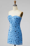 Sequined Sky Blue Sparkly Bodycon Sweetheart Short Cocktail Dress