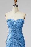 Sequined Sky Blue Sparkly Bodycon Sweetheart Short Cocktail Dress