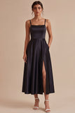 Black A Line Satin Long Formal Dress with Slit