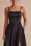 Black A Line Satin Long Formal Dress with Slit
