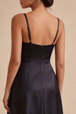 Black A Line Satin Long Formal Dress with Slit