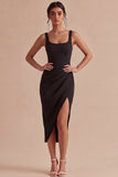 Sheath Black Ruched Midi Cocktail Dress with Slit