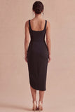 Sheath Black Ruched Midi Cocktail Dress with Slit