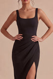 Sheath Black Ruched Midi Cocktail Dress with Slit