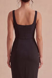 Sheath Black Ruched Midi Cocktail Dress with Slit