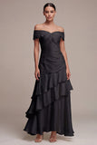 Off the Shoulder Black Ruffled Tiered Long Black Tie Dress