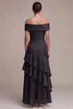 Off the Shoulder Black Ruffled Tiered Long Black Tie Dress