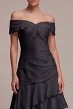 Off the Shoulder Black Ruffled Tiered Long Black Tie Dress