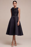 A Line Black Round Neck Midi Formal Dress with Bow